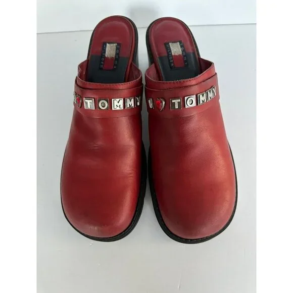 Vtg Y2K 90’s Tommy Hilfiger Slip On Chunky Leather‎ Mules Womens 11M Bejeweled
